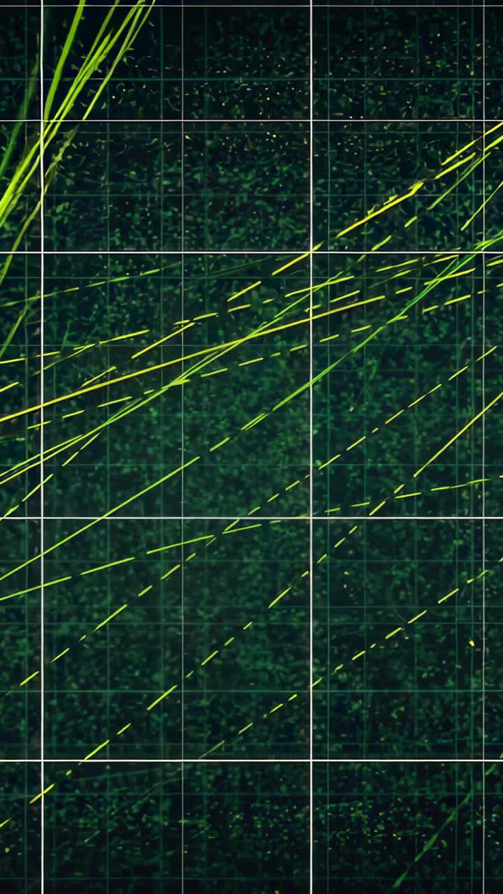 Vertical video: Incoming data updating neon vectors on white grid, over dark green speckles
