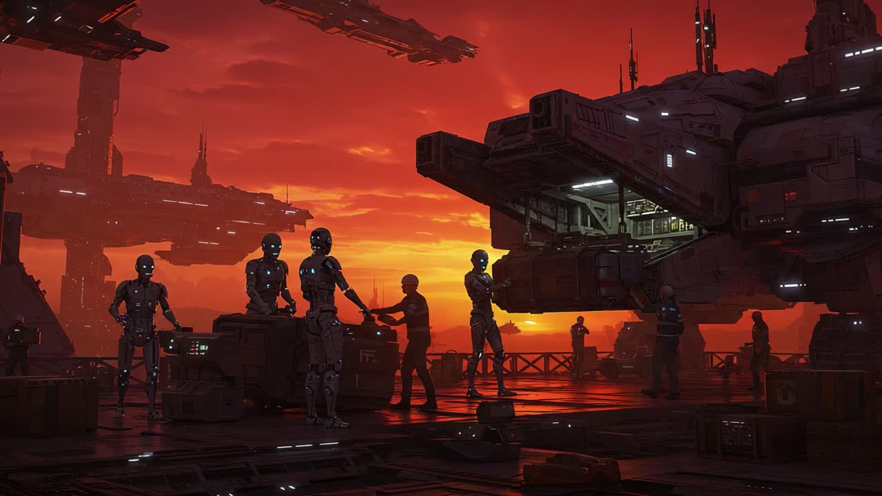 Dramatic Encounter on an Alien Outpost: Robots Interacting with Cargo in a Sci-Fi Landscape Under a Stunning Sunset Sky