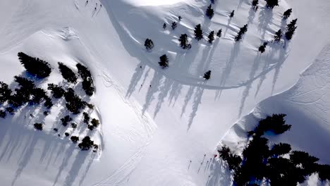 aerial view of people skiing and snowboarding on hill, ski resort