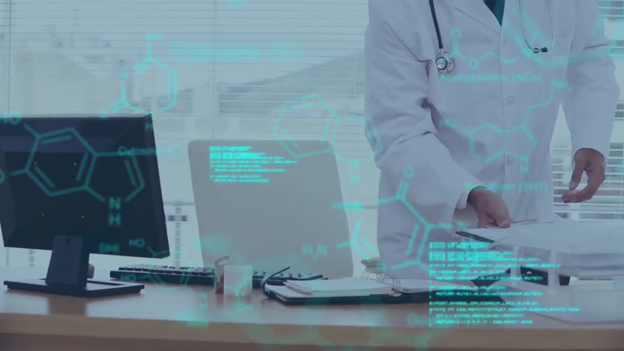 백인 남성 의사에 대한 과학 데이터 처리 애니메이션