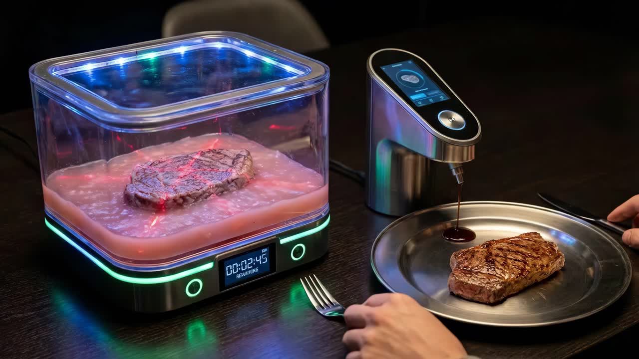Preparación de un filete con un electrodoméstico de cocina futurista