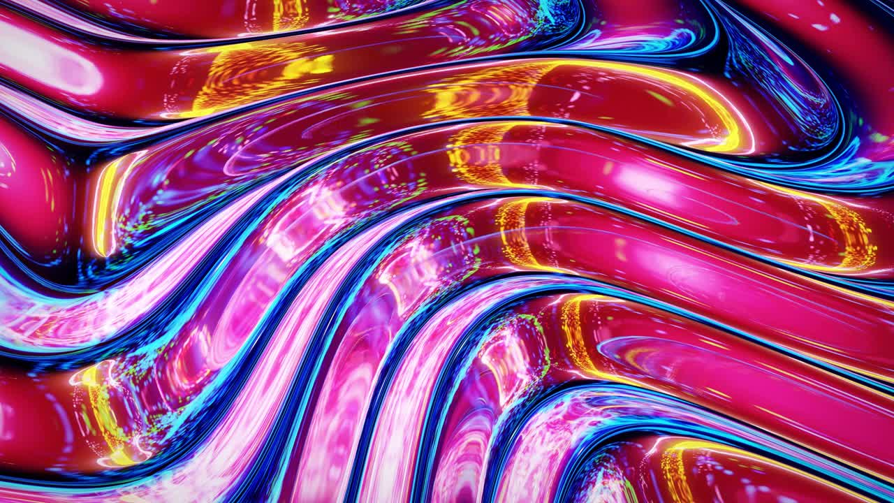 Looped abstract iridescent fluid background. Beautiful wavy glass surface of liquid with pattern, gradient color and flow waves on it. Creative bright bg with soft smooth animation.