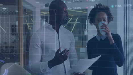 animation of stock market data processing against diverse man and woman discussing at office