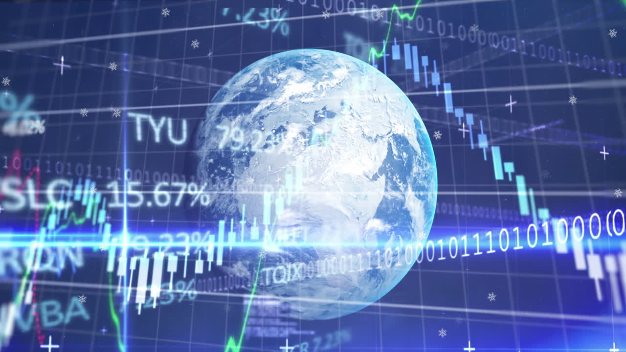 Animazione di elaborazione dati finanziari su globo e griglia.