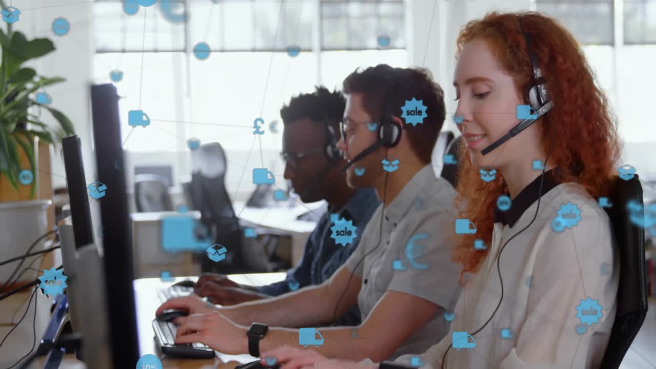 Three agents taking calls in e-commerce office, with sale badges and parcel icons floating overhead