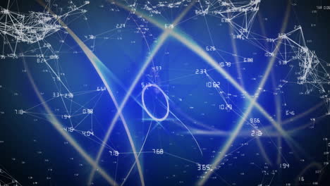 conexiones de red y animación de procesamiento numérico de datos sobre fondo azul