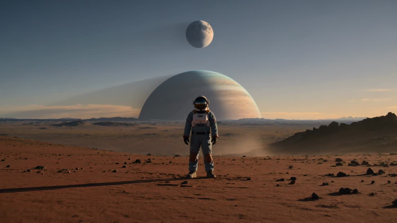 Standing suited astronaut shifting feet, scanning terrain on red plain near gas giant, post-landing