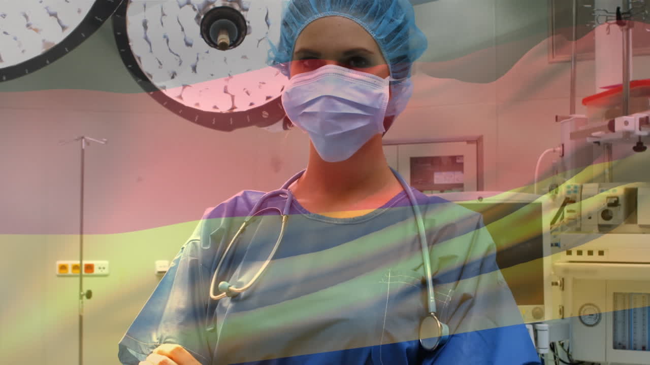 ondeando la bandera de alemania contra el retrato de una cirujana con máscara facial en el hospital