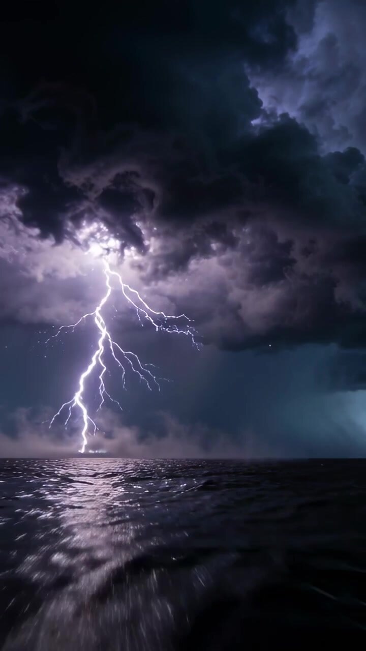 Video verticale: Fulmine che inizia una scarica verticale, ramificandosi e lampeggiando sopra l'oceano e illuminando le nuvole.