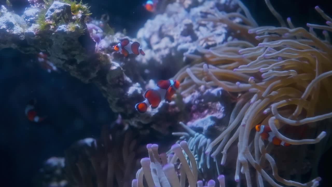 Pesce pagliaccio che nuota in un acquario. Rallentatore.