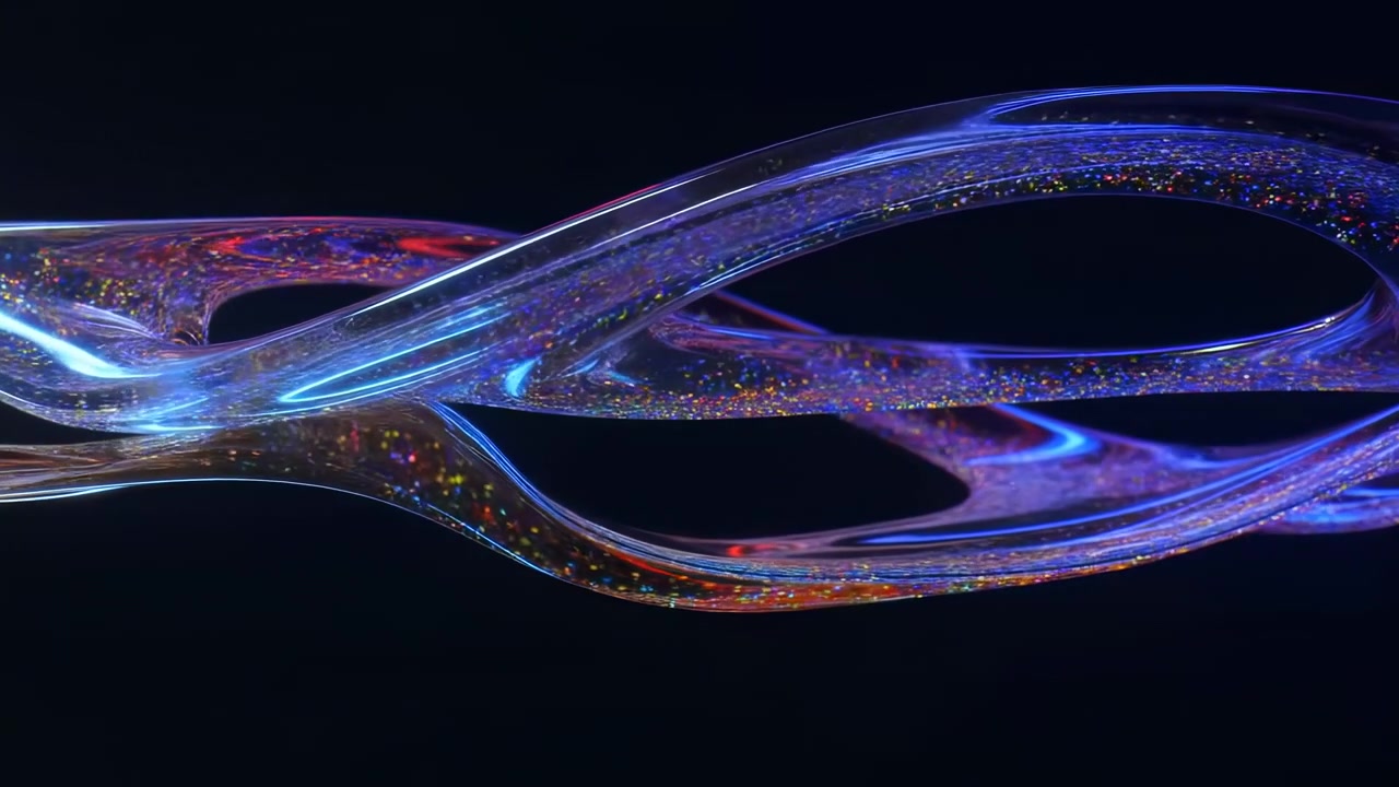 Iridescent Glass Ribbons Twisting Across Black Background, Sparkling Particles Suspended Inside Tubular Forms,