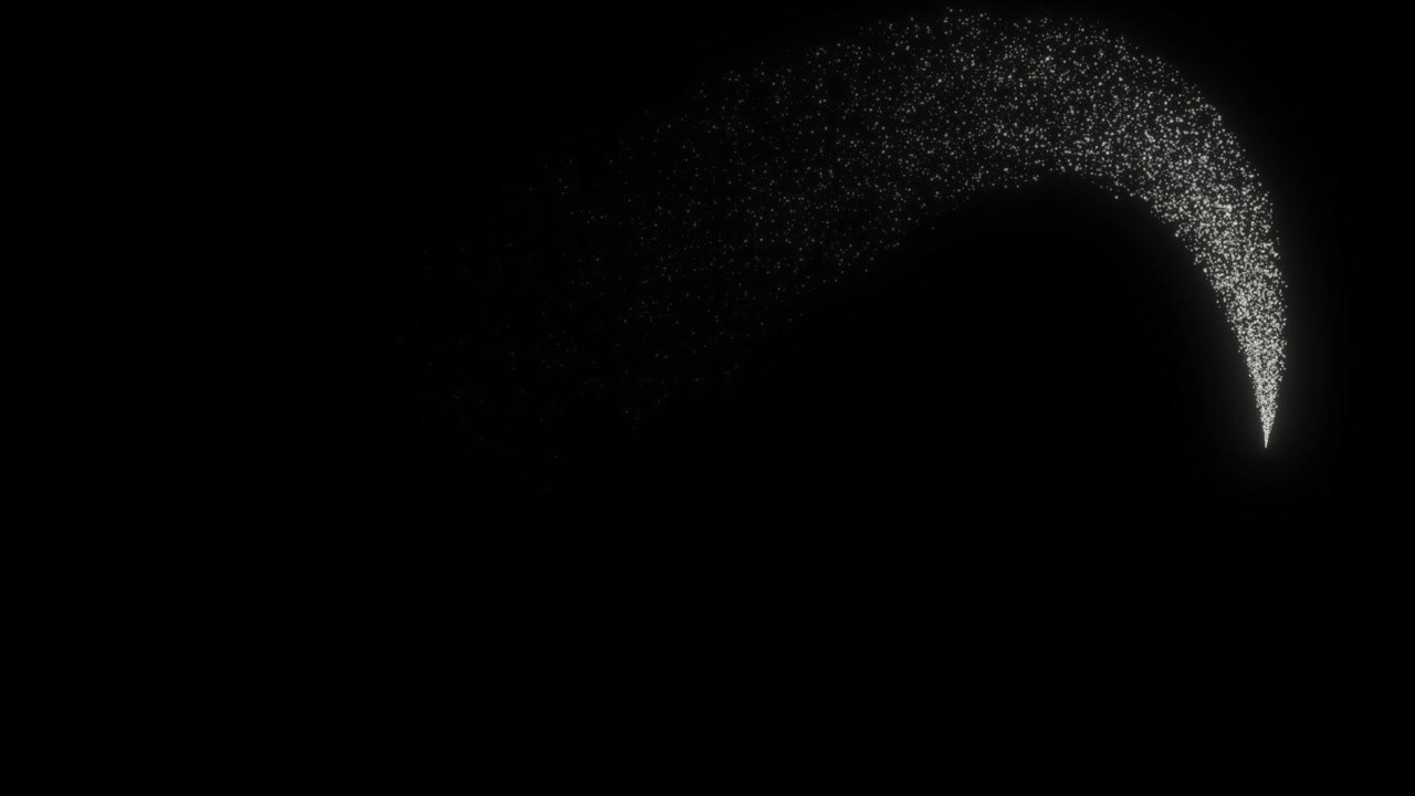 Scia luminosa di particelle argentate che si muove su un percorso curvo.
