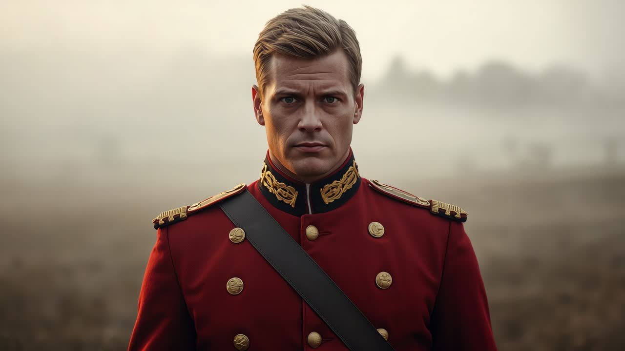 Zooming camera focusing military officer at attention on dawn misty field, showing jacket details