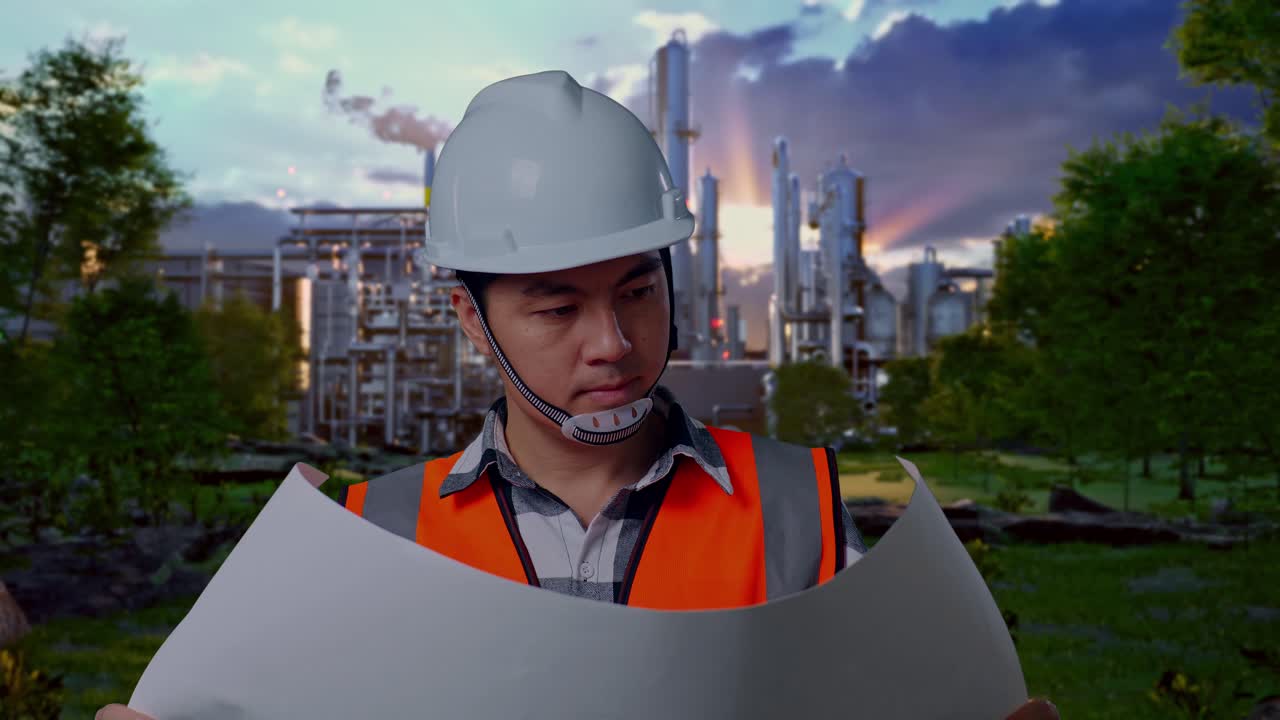 Close Up Of Asian Male Engineer With Safety Helmet Looking At Blueprint In His Hands And Looking Around While Standing In Front Of Oil Refinery