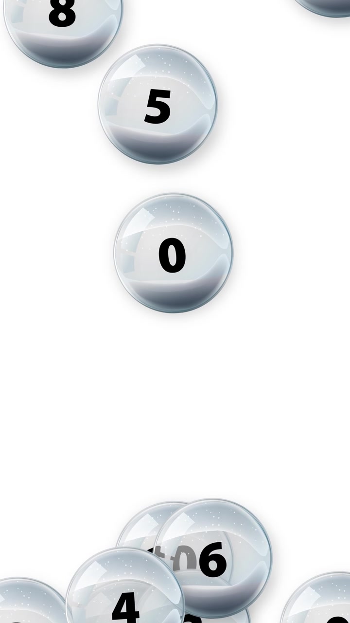 Transparent numbered glass balls fall vertically through white space with realistic physics and soft lighting.