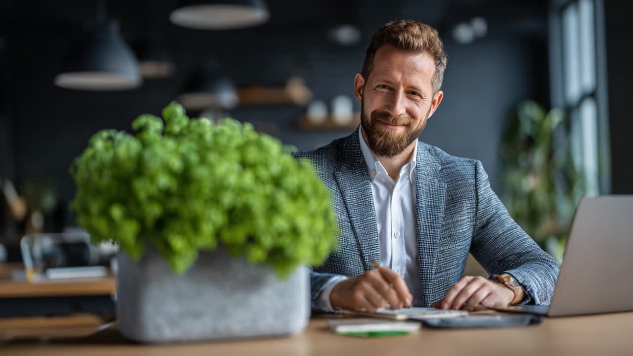 A Professional Man in a Modern Office Setting Engaging in Work While Writing Notes with a Laptop and Lush Greenery in View