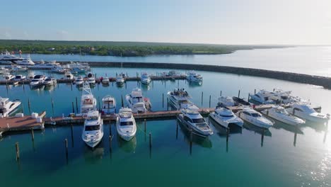 Luxury-Yacht-Marina-In-Casa-de-Campo,-La-Romana,-Dominican-Republic---aerial-drone-shot