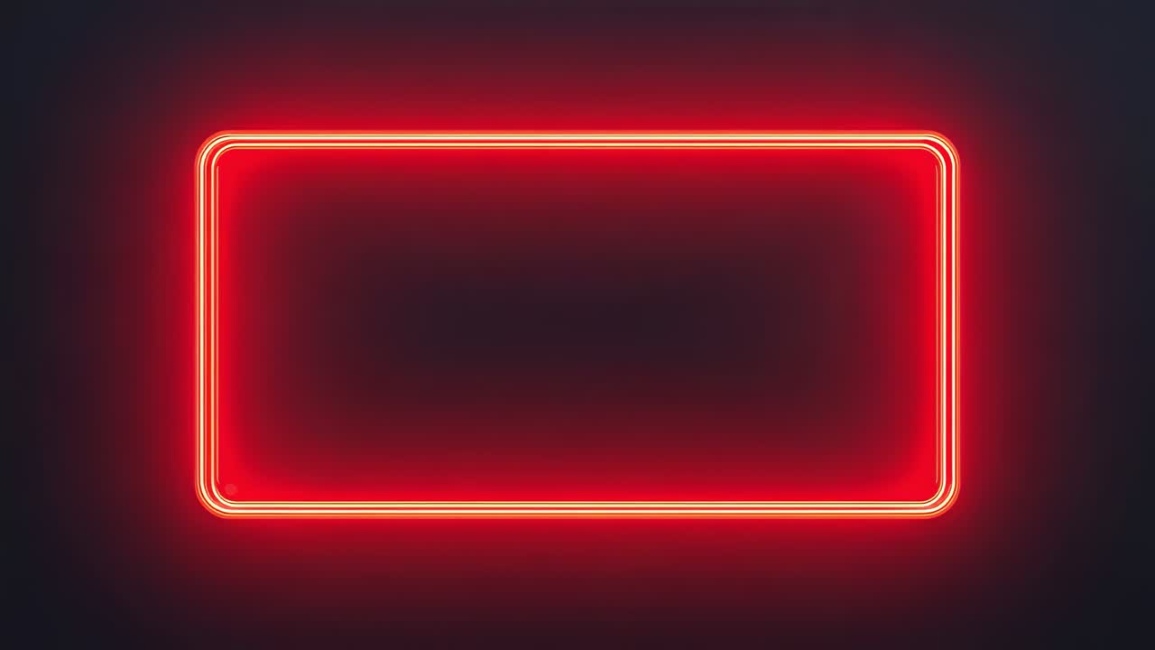 Pulsing rounded rectangle neon frame after power pulse, emitting red-orange halo on dark wall