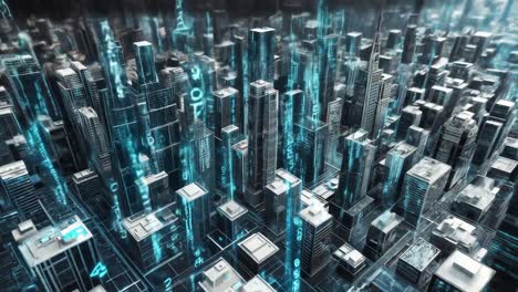 futuristic cityscape with digital overlays