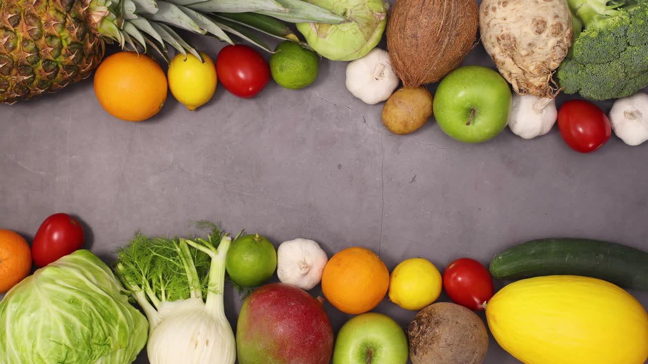 frutas y verduras frescas y saludables orgánicas ordenadas en la parte superior y inferior de la mesa de la cocina oscura.