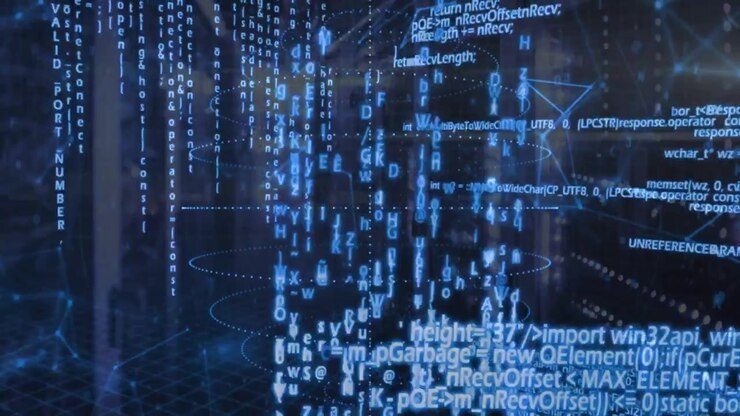 Data center opening stacking ellipses and code forming rotating data construct visualizing flow