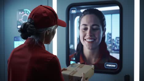 a worker in red uniform engages with an advanced digital interface, highlighting modern technology and communication in a futuristic setting