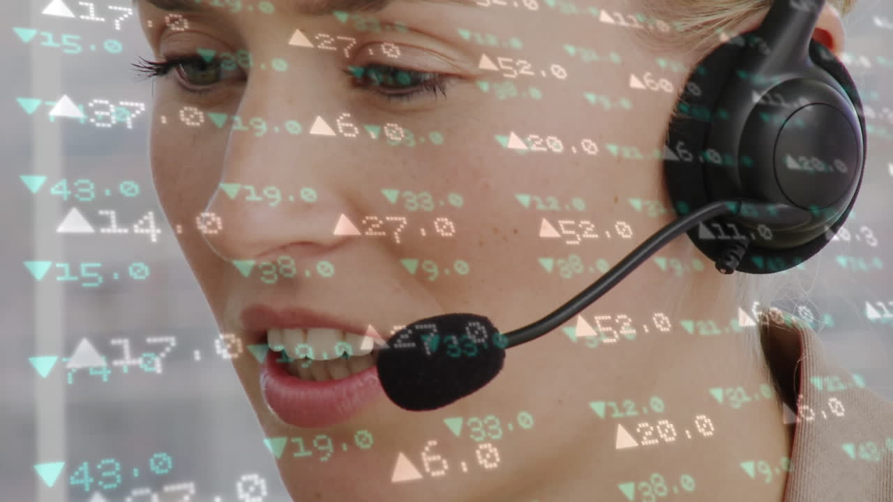 여성 콜 센터 에이전트 작업 및 증권 시장 번호