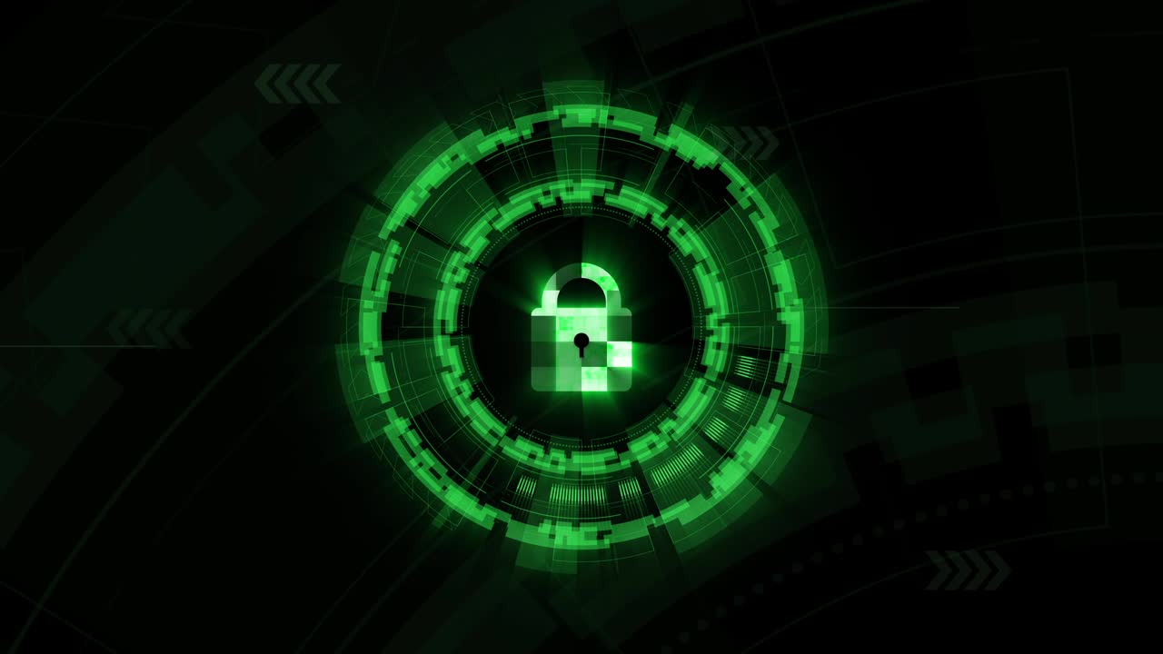 la clave y el círculo de seguridad y el cortafuegos gráfico de movimiento en fondo verde, el sistema de seguridad para el concepto de computadora y red.