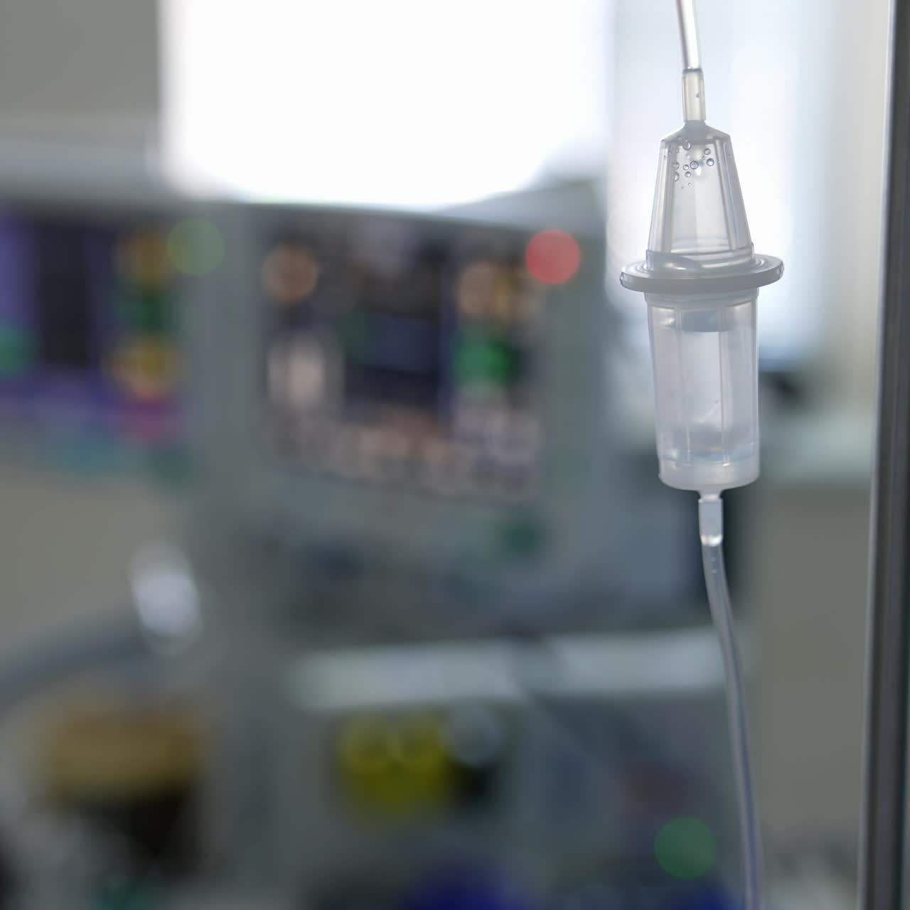 Intravenous drip on blur background in clinic. Medical dropper with medicine in the operating room. Close-up
