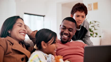 tablet, happy and children with parents in living