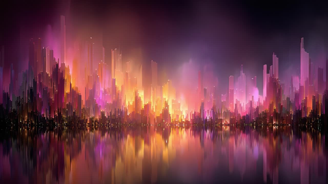 Vibrant Urban Nightscape: A Stunning Display of Colorful Towers Illuminated Against the Dark Sky, Reflecting Beautifully on the Calm Water Below, Creating an Enchanting View