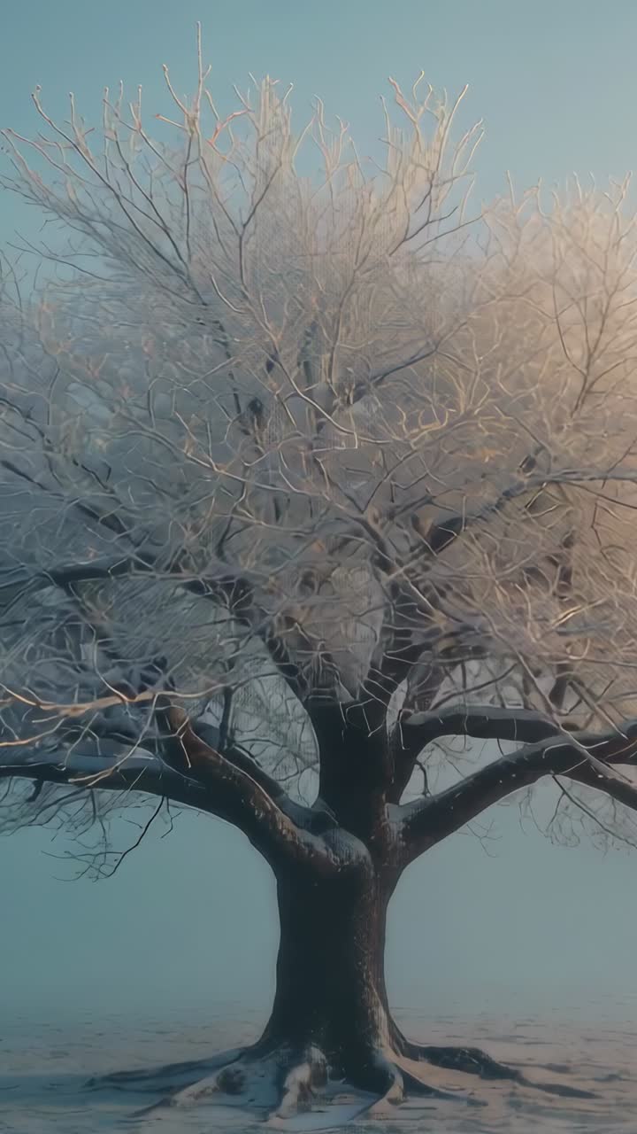 Vertical video: Camera zooming and tilting over frosted tree on snowy plain, showing icy branches