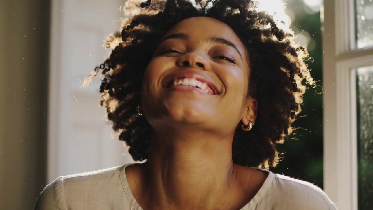 Smiling woman in cream blouse and hoop earrings tilting head back laughing at window, sunbeams