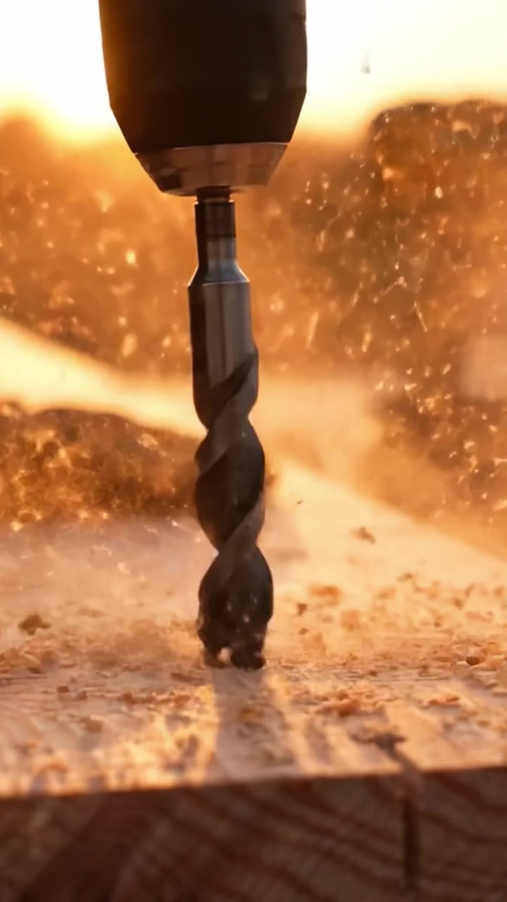 Primer Plano de una Broca Giratoria Perforando Madera, Capturando el Arte de la Carpintería y las Complejidades de las Herramientas Eléctricas al Atardecer