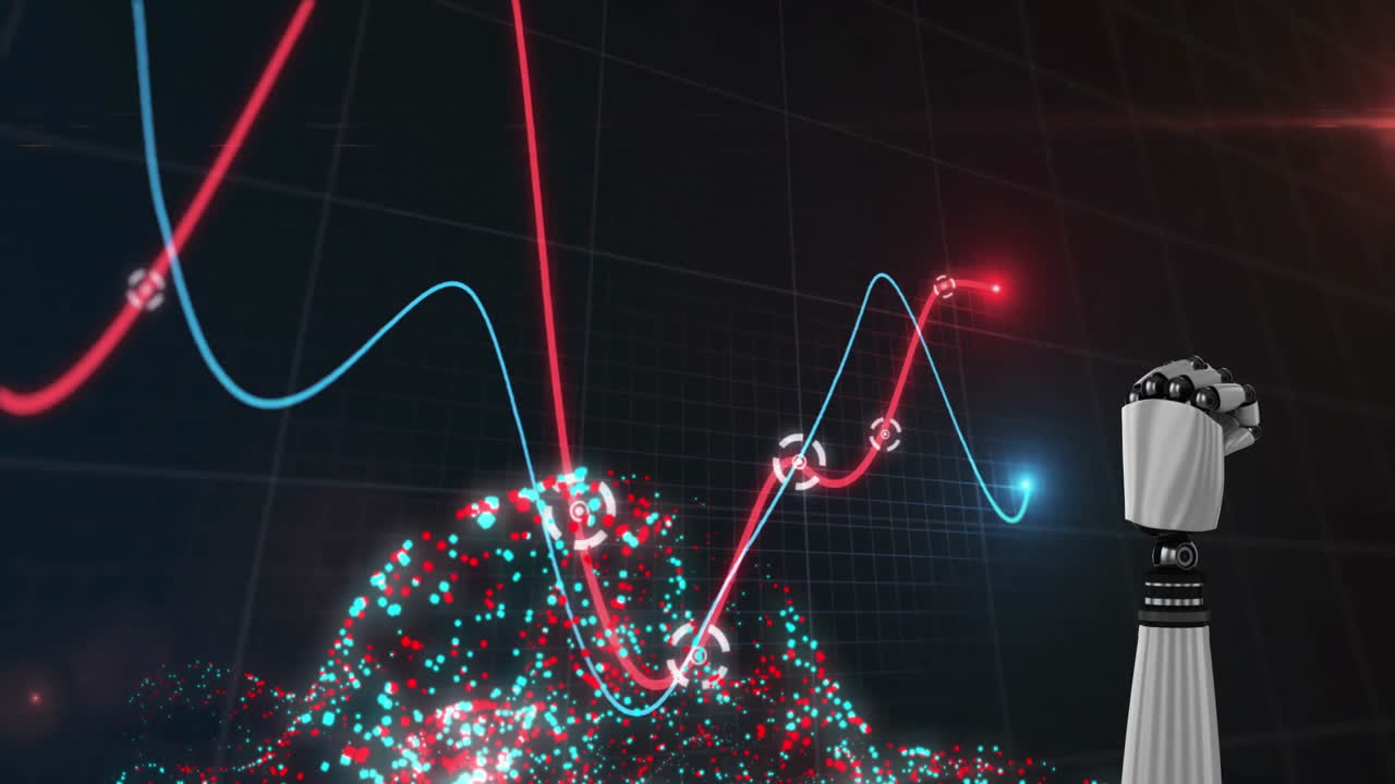 Animation of robot's arm globe with connections and data processing over black background
