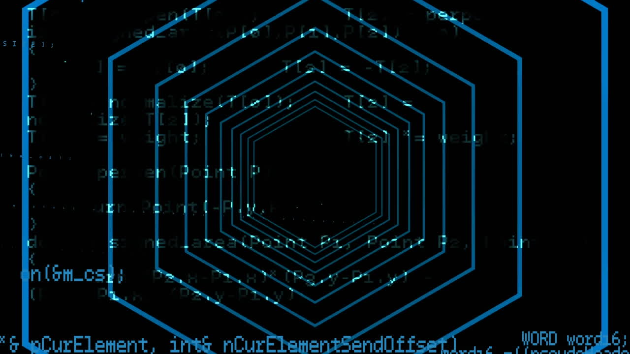 프로그램 코드와 육각형 패턴