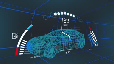 Animation-of-interface-with-charging-battery-icon-and-speedometer-over-car