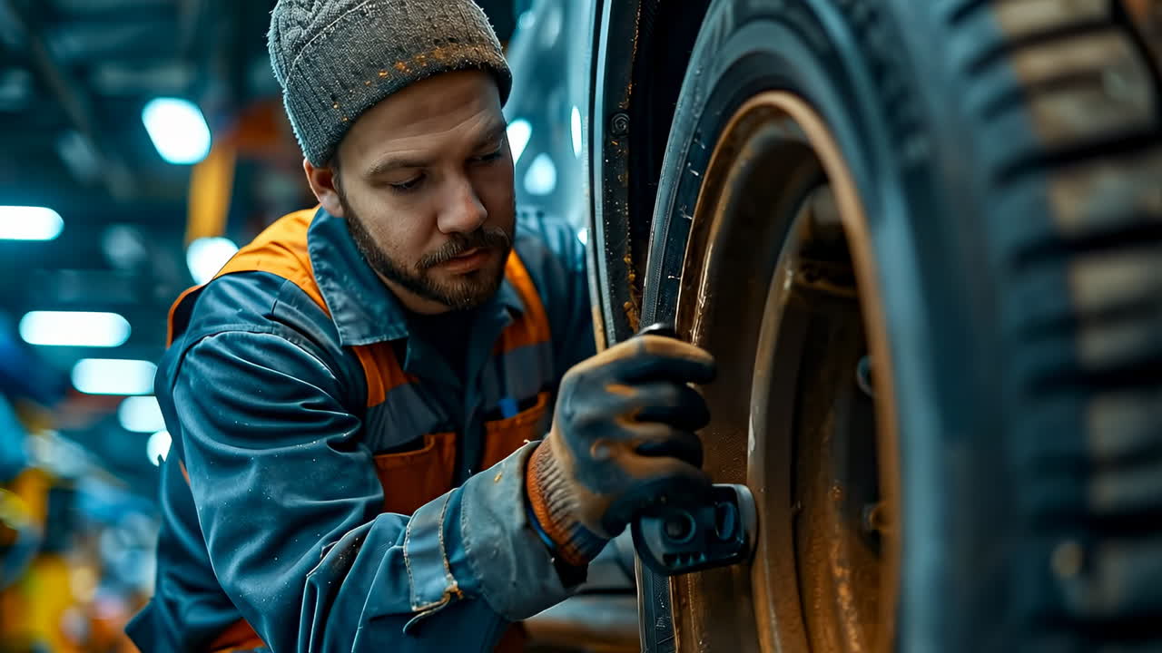 Mechanic working on a car tire. An auto mechanic carefully repairs a car tire in a workshop setting