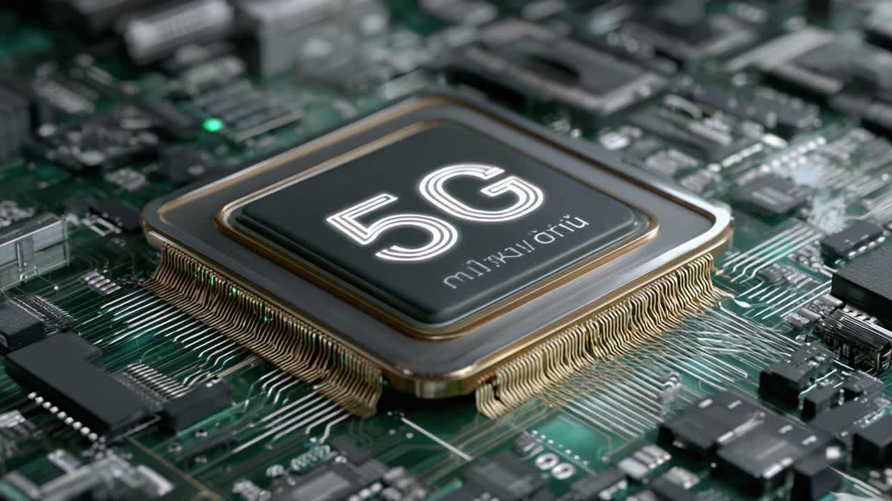 Primo piano di un chip 5G su un circuito stampato, che evidenzia la tecnologia avanzata e l'elettronica moderna con dettagli e connessioni complessi, mostrando le future innovazioni