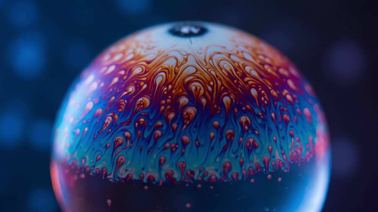 A Stunning Close-Up of Colorful Liquid Patterns on a Soap Bubble, Showcasing Intricate Designs and Vivid Colors That Capture the Eye and Spark Curiosity