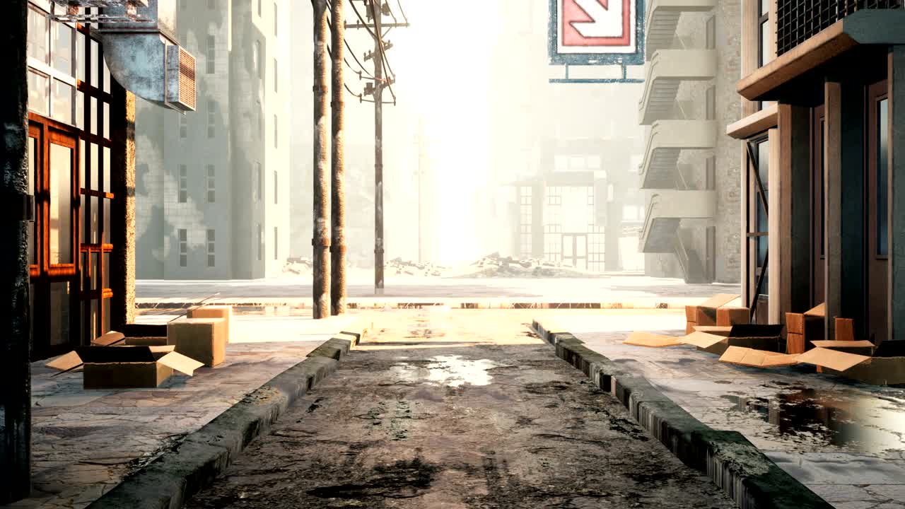 A deserted post-apocalyptic city. The camera flies through the empty ruined city. Deserted post-apocalyptic street in the ruins of buildings. The Concept of The Apocalypse. Looped animation
