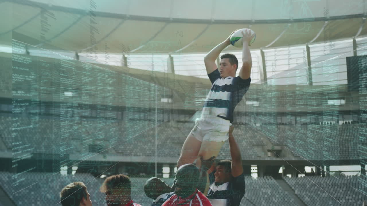 스타디움에서 럭비 선수들에 대한 데이터 처리 애니메이션