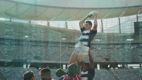 animation of data processing over rugby players at stadium