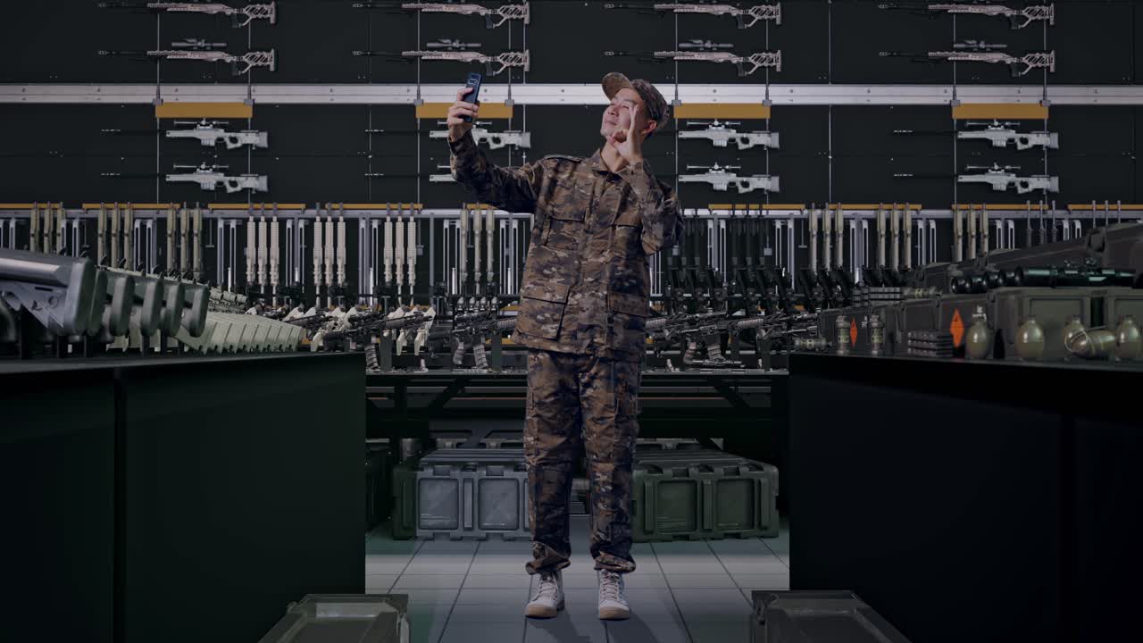 uomo asiatico soldato a figura intera che usa lo smartphone per scattare una foto in un arsenale militare