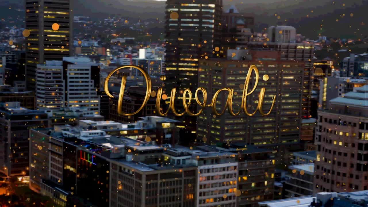 도시 풍경 위에 행복한 디발리 텍스트의 애니메이션