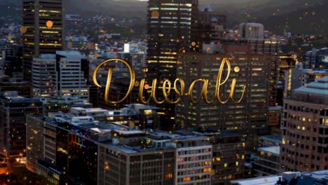 animation of happy diwali text over cityscape