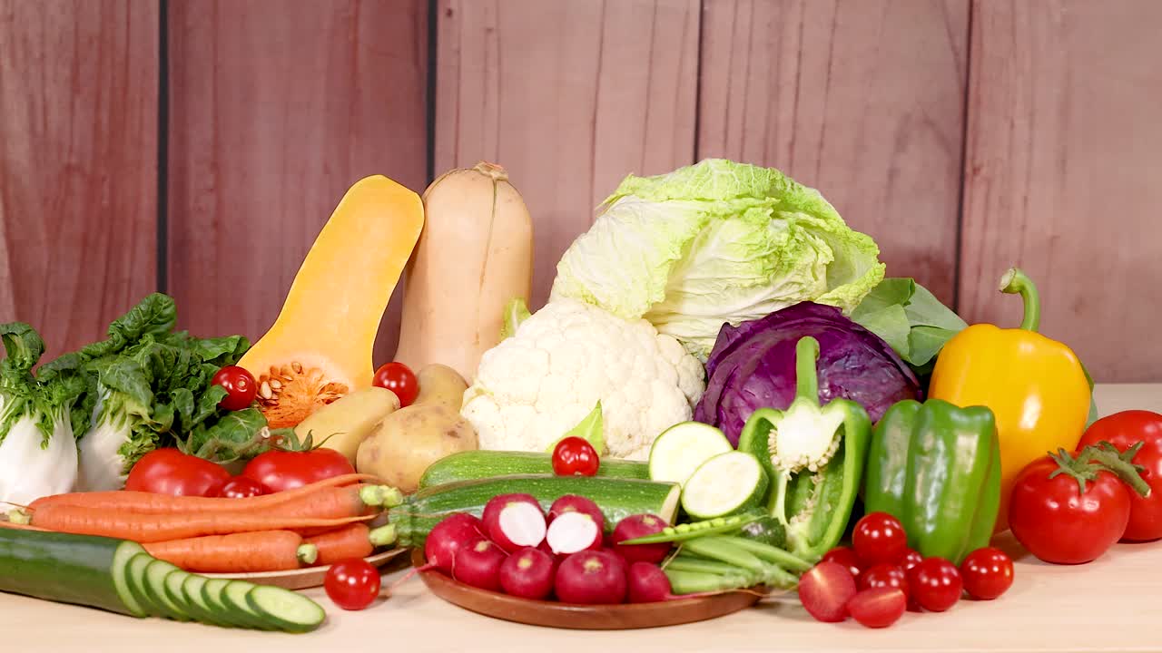 A vibrant assortment of fresh vegetables arranged on a wooden table, showcasing a variety of colors and textures