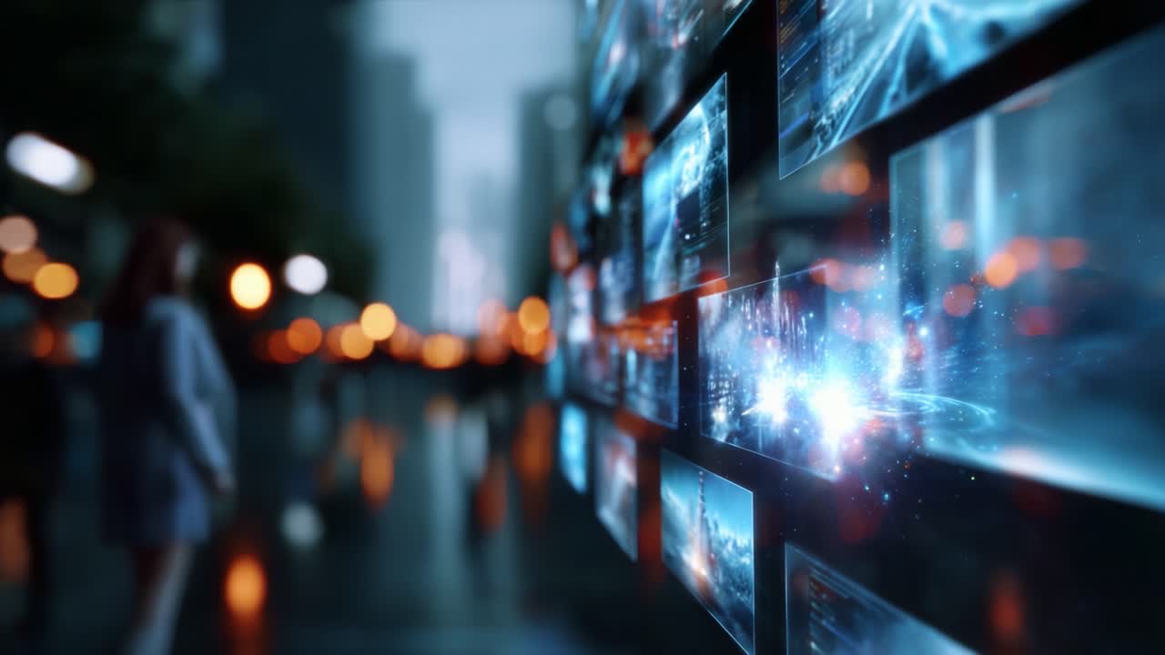 An ethereal display of technology illuminates a bustling cityscape while a figure observes the dynamic digital projections amidst an urban nightlife ambiance