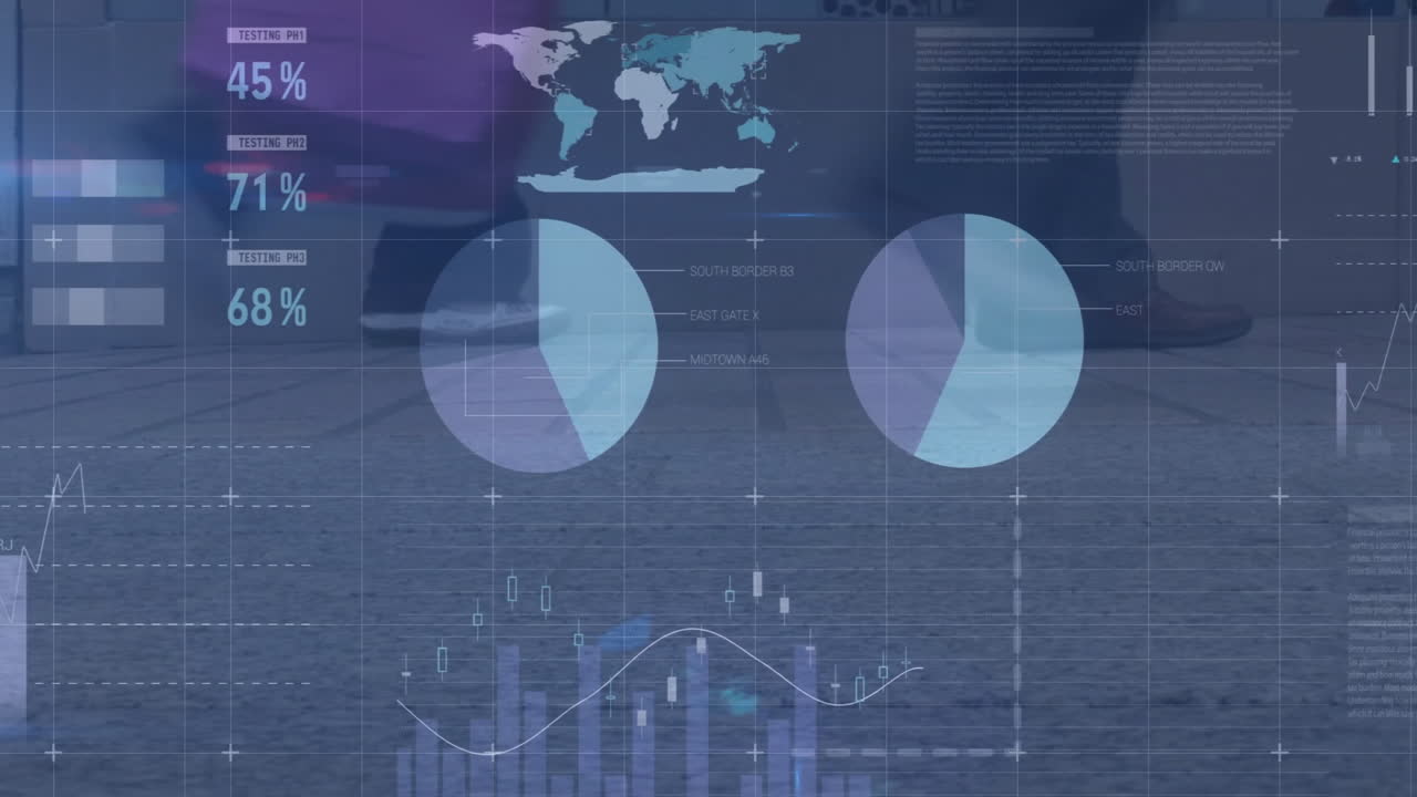 Graphs and charts animation over people walking on street
