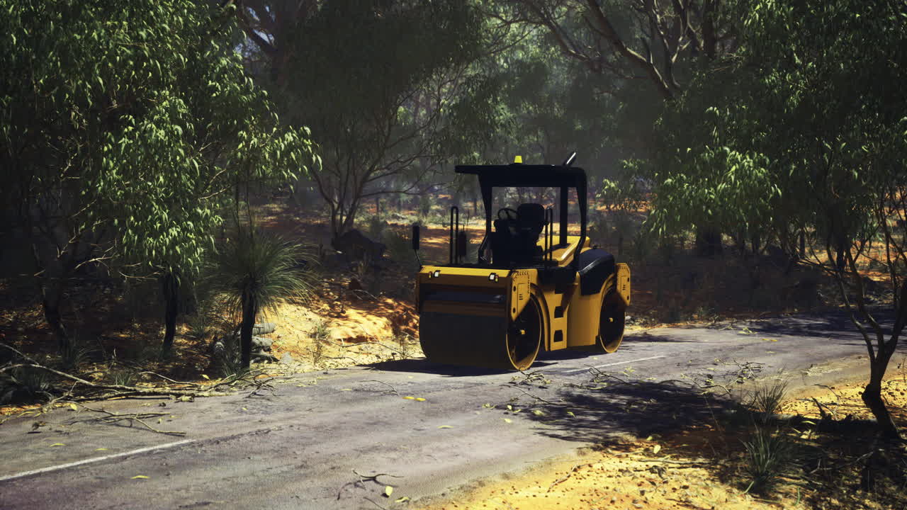 Heavy machinery clears a path through a dense forest landscape